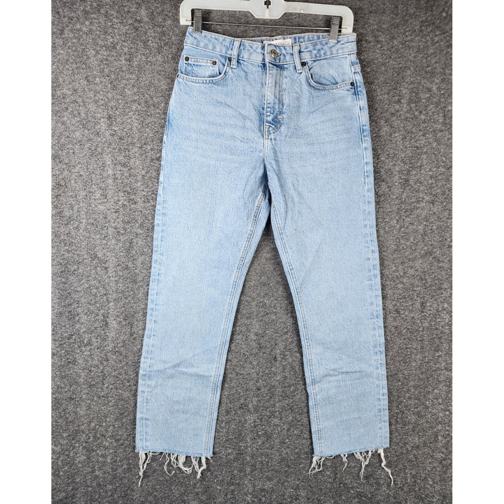 Topshop Straight Leg Jeans Women Size 26 Light Wash Blue Raw Hem High Rise